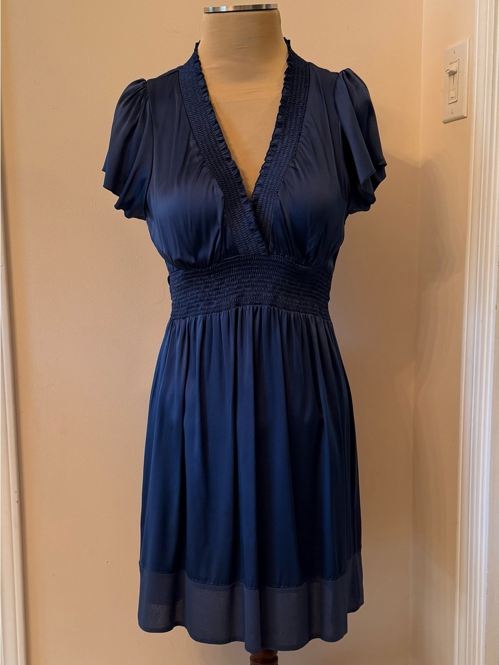 HoCo Silk Mini Dress BCBGMaxAzria indigo Navy Blue V-Neck Smocked Empire Waist S